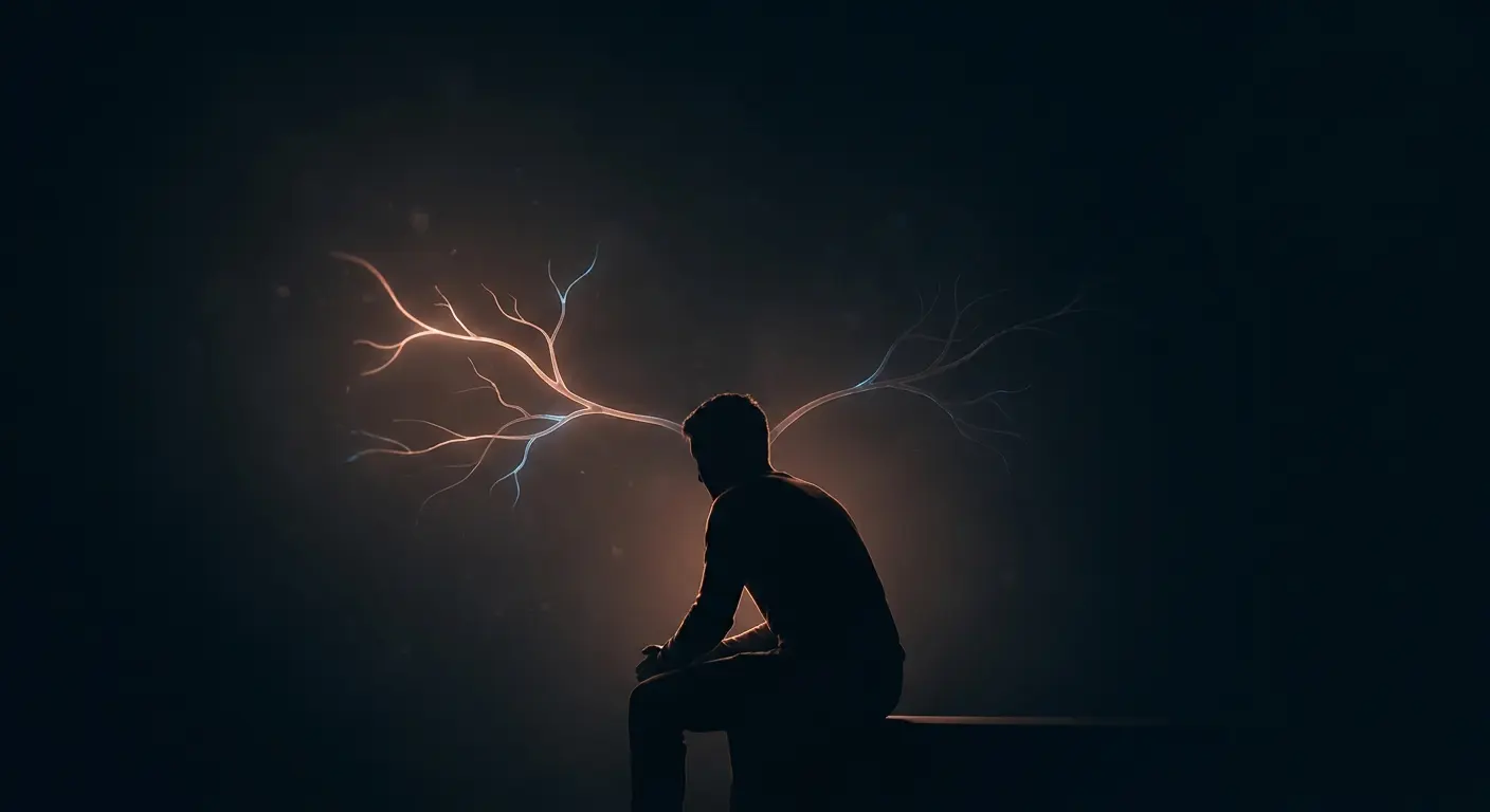 Backlit silhouette in the live decision moment as one neural pathway strengthens and an old one dims, real time rewiring.