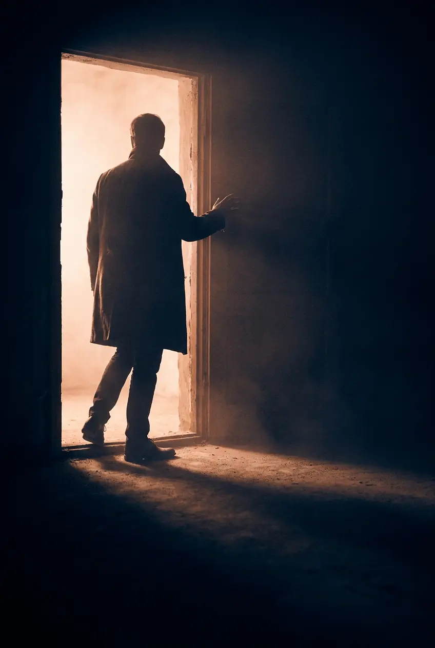 Backlit silhouette pausing at a bright threshold, the success threshold collapse where arriving feels riskier than striving.