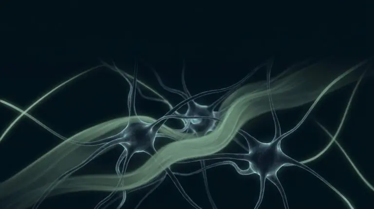 Sleep and circadian optimization, rendered as gentle clearing currents through resting neurons in sage on navy.