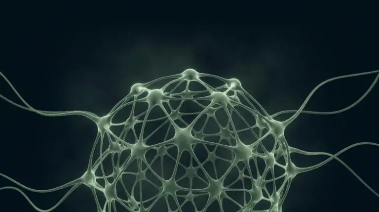 Social resilience and connection, rendered as a strong woven neural mesh in sage on navy.
