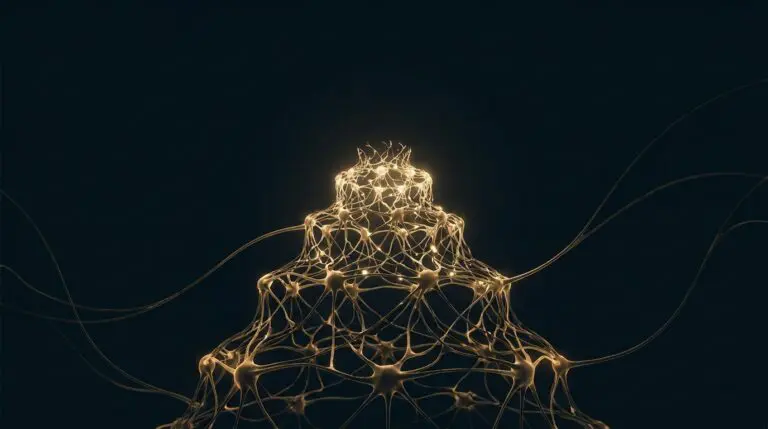 Strategic career architecture, rendered as ascending neural tiers in burnished gold on navy.