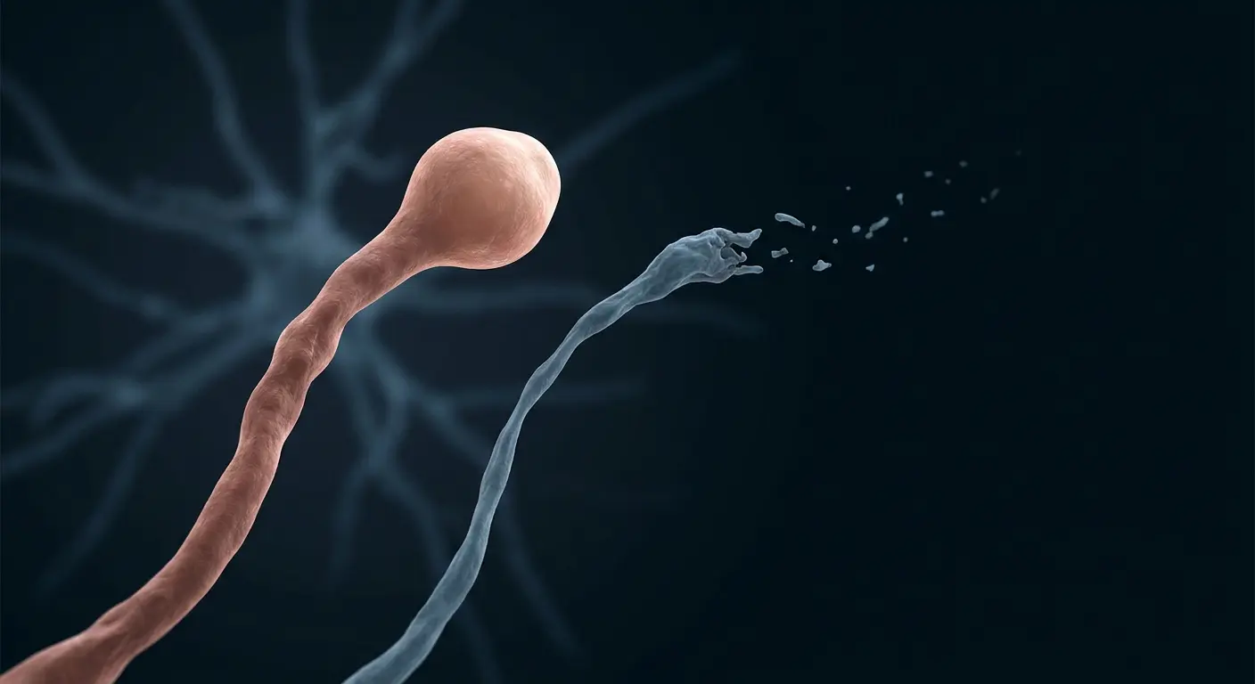 Synapse macro render, one connection strengthening through long term potentiation while an older one thins by pruning.