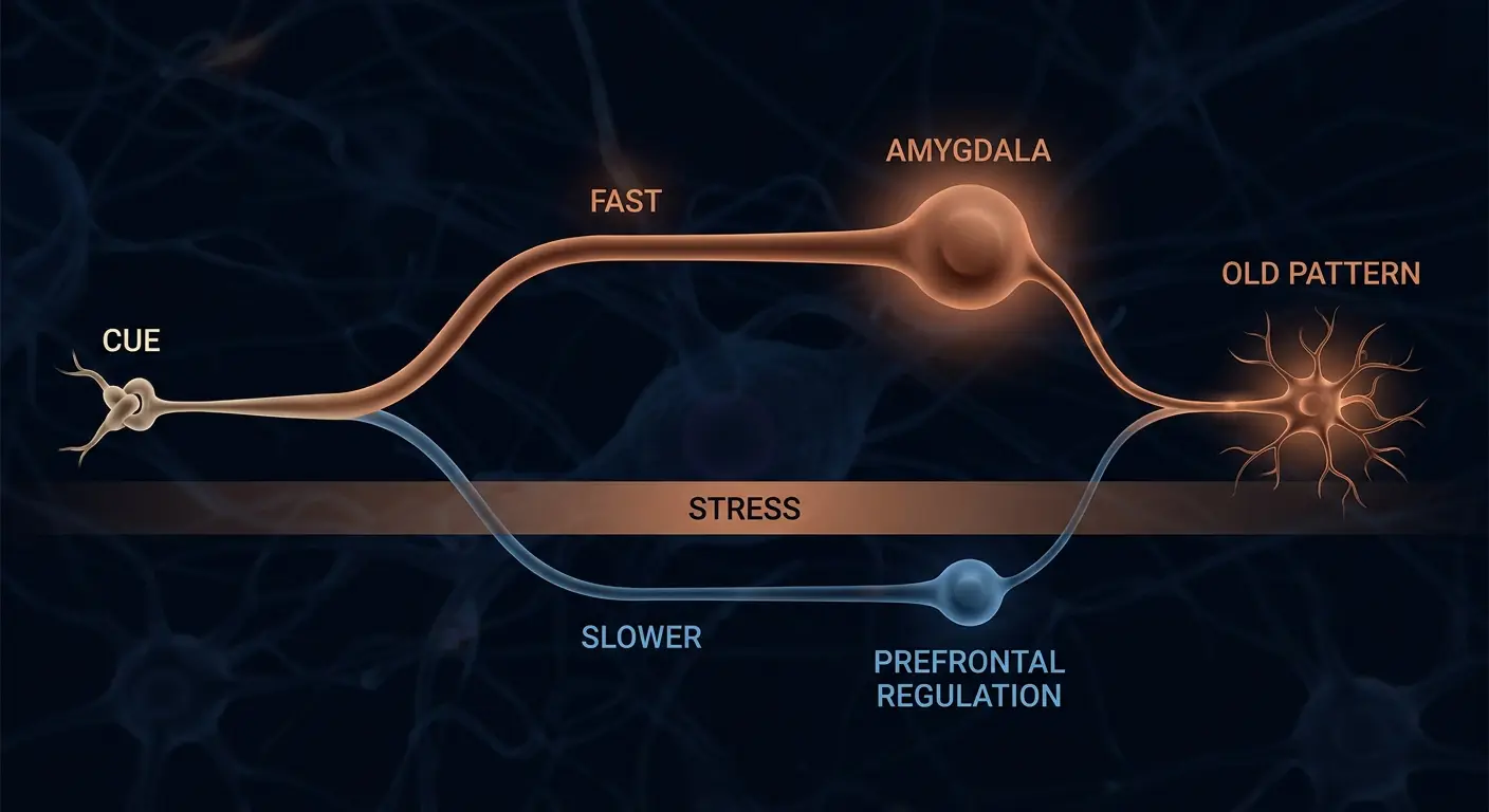 Diagram of a relational cue flagged by the amygdala as danger while stress dims the prefrontal regulation route and the old pattern fires.