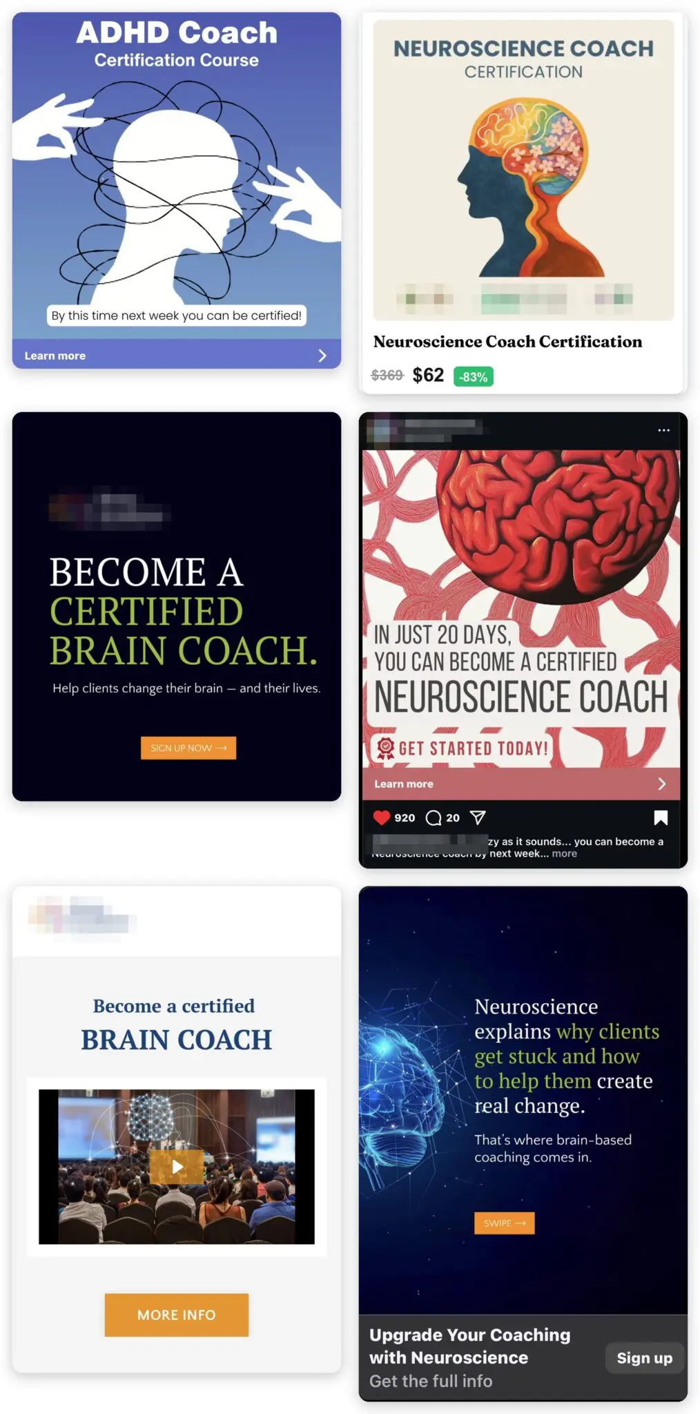 Six social-media ads selling neuroscience, brain, and ADHD coaching certifications, with brand names blurred.