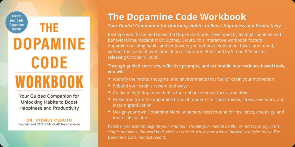 The Dopamine Code Workbook cover beside an overview of its guided exercises and personalized Dopamine Menu