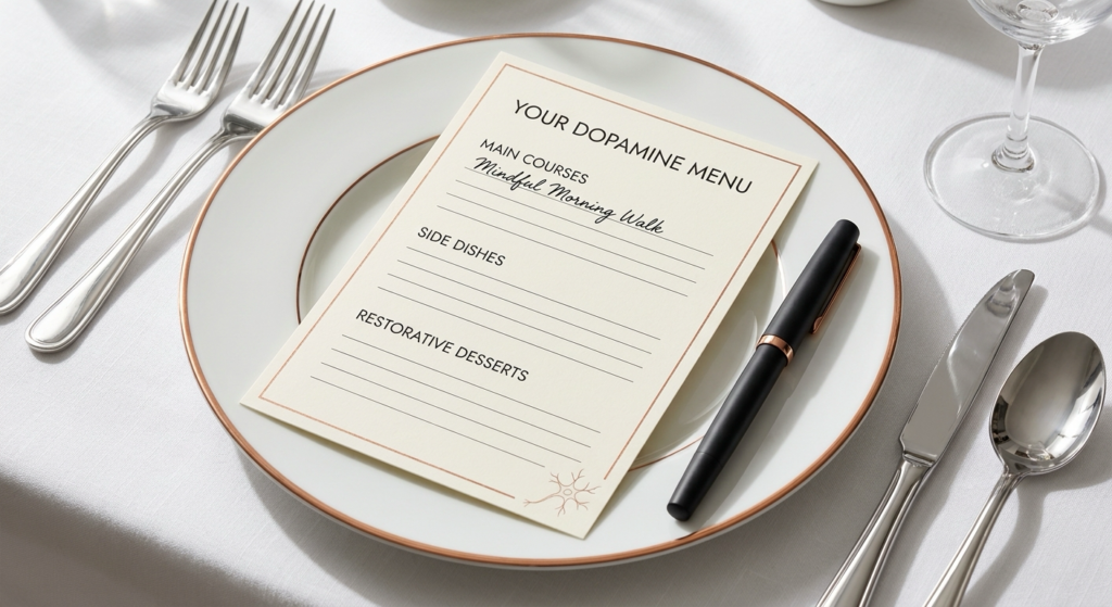 A fill-in "Your Dopamine Menu" card on a copper-rimmed plate with a pen: Main Courses, Side Dishes, Restorative Desserts