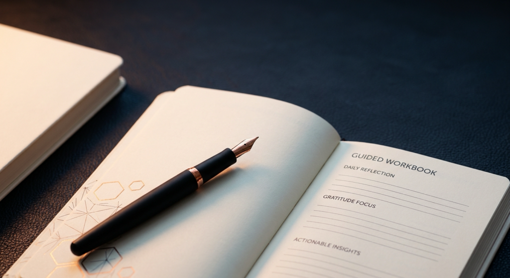 The Dopamine Code Workbook open to a guided reflection page with a fountain pen on navy leather