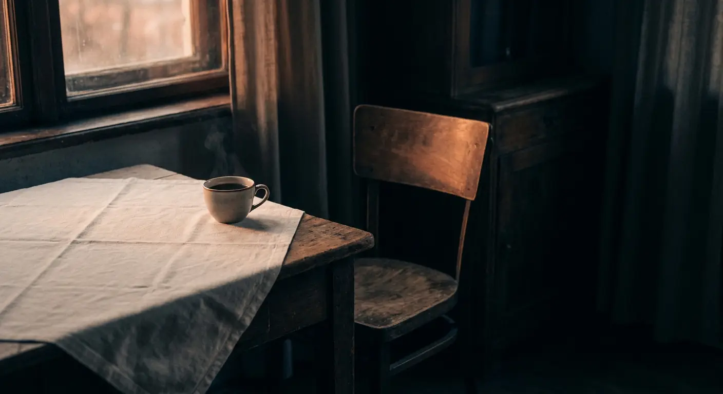 A single steaming cup on a linen-draped table beside an empty chair in warm low window light, understanding a pattern versus rewiring it.