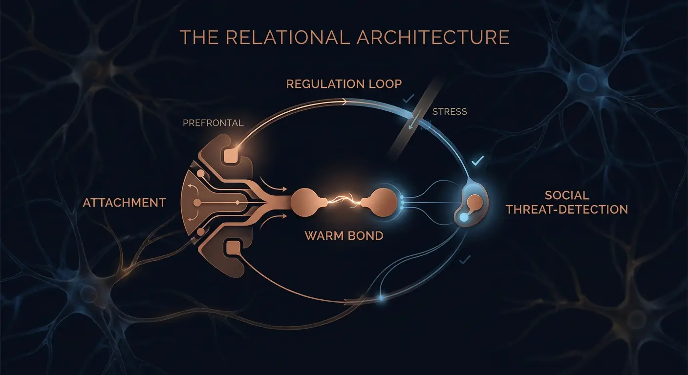 Relational architecture infographic: attachment, amygdala social threat-detection, and the prefrontal regulation loop around a bond.