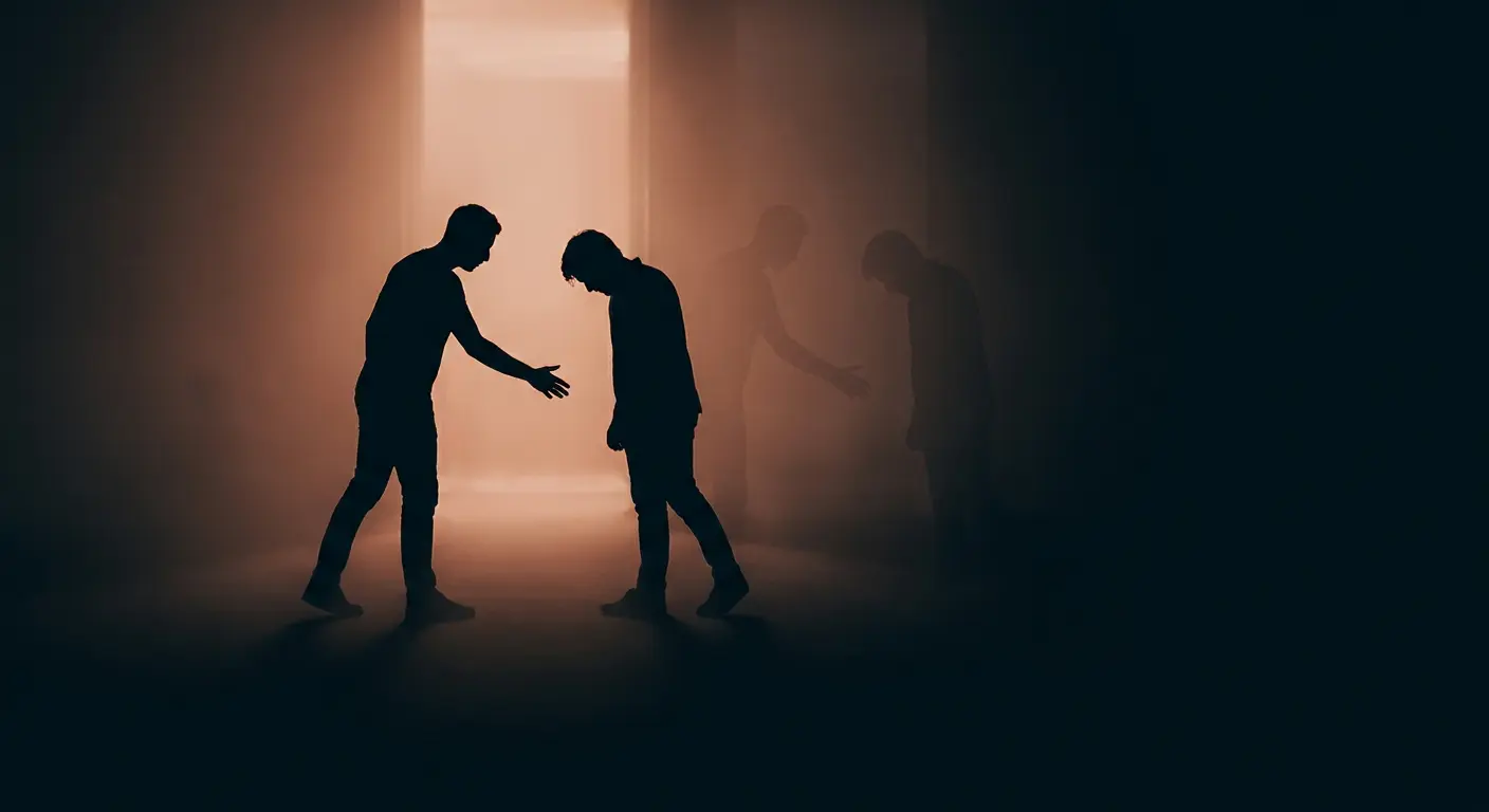 Two backlit silhouettes at a fixed distance, one reaching and one turning away, the same relationship pattern rhyming again.