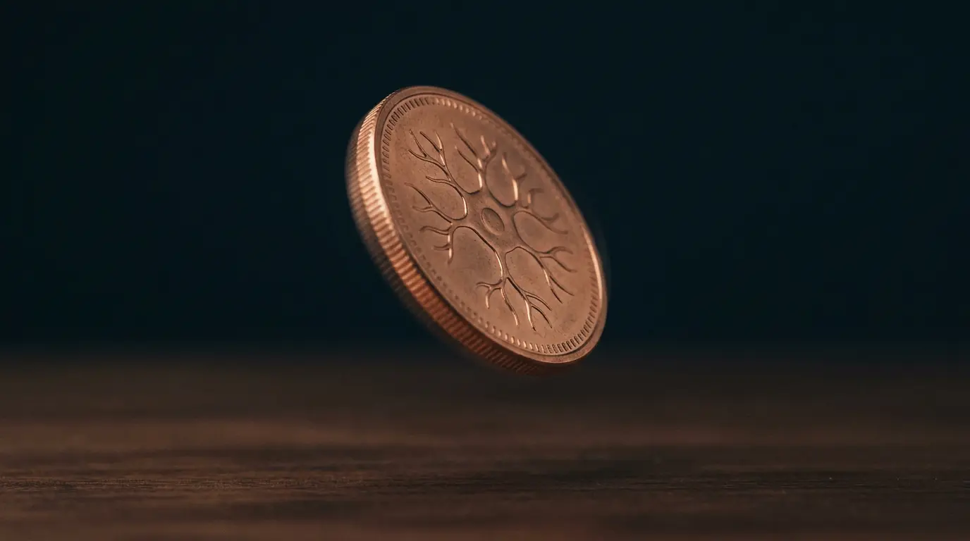A minted copper coin embossed with a neuron caught mid-flip in the air above dark walnut.