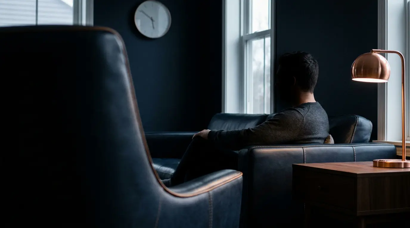 A client sits alone on a couch in a quiet consulting room, seen past the empty therapist chair.