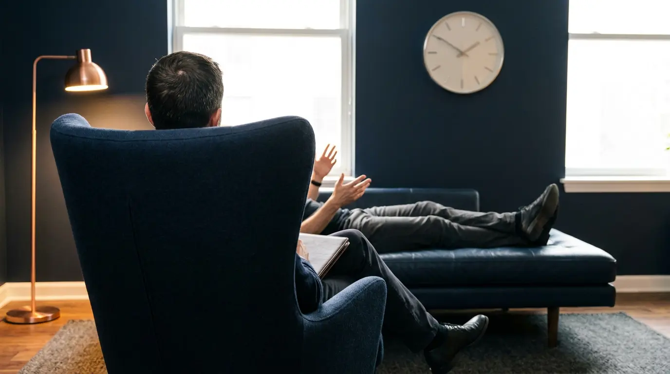 A therapist seen from behind in a high-backed wing chair with a notepad on his lap, as a client reclines on a couch and gestures with a raised hand, the client's head hidden behind the chair; a clock hangs on the consulting-room wall.