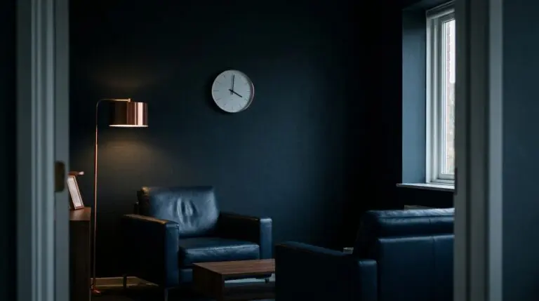 A quiet consulting room after a session ends: two empty navy leather chairs face each other beneath a modern wall clock.