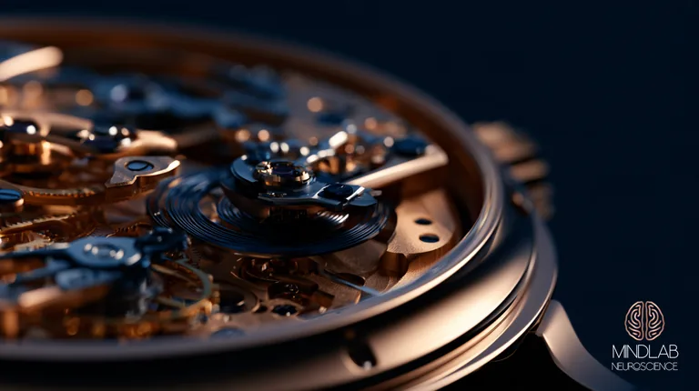 Close macro of a mechanical watch movement in copper and blued steel, its balance wheel and coiled hairspring at center, the assembly that releases stored energy in measured increments instead of all at once.