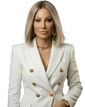 Dr. Sydney Ceruto, PhD, Neuroscientist & Author, in a white suit with gold buttons
