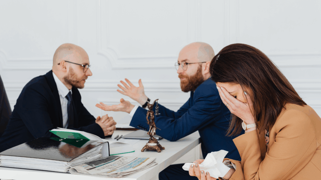 Stressed woman covering face while two businessmen argue during legal meeting, depicting people indecisive in conflict situations