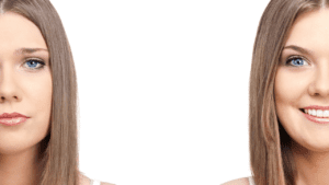 Woman's transformation from frowning to smiling, symbolizing her positive changes after receiving Brain-Based Coaching at MindLAB Neuroscience.