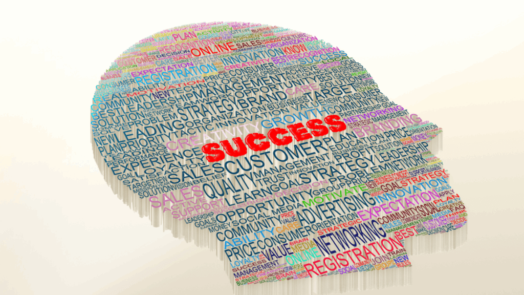 Silhouette of a human head filled with various strategic thinking related keywords, with "SUCCESS" prominently highlighted in red.