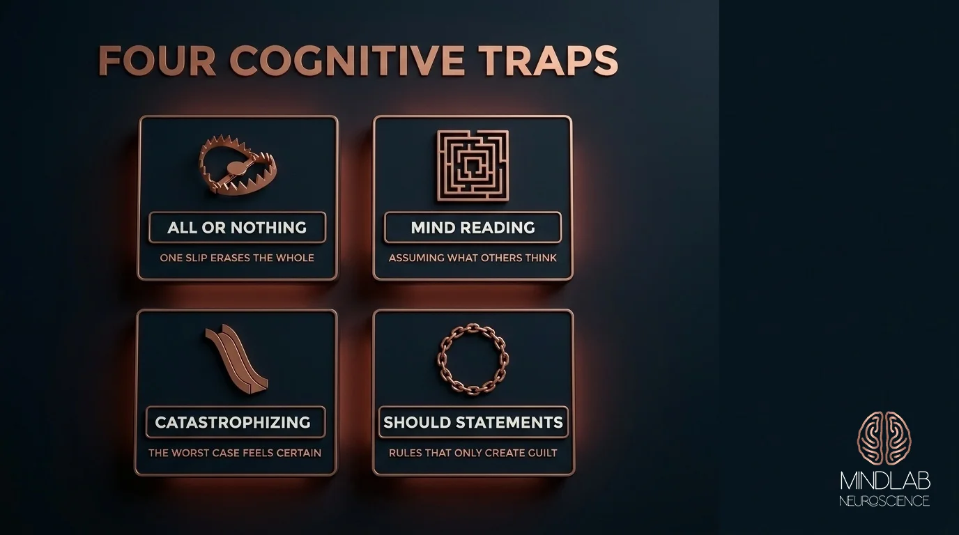 Mind traps concept diagram with analysis, objectives, strategy, action, and revision steps