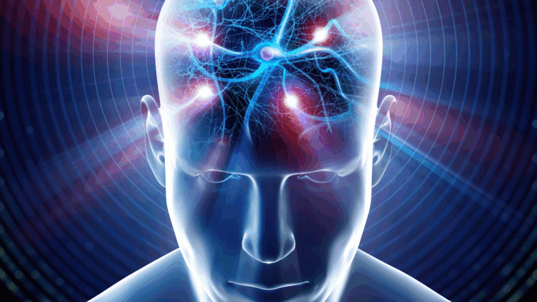 Human head showing neurotransmitters and neuron activity.