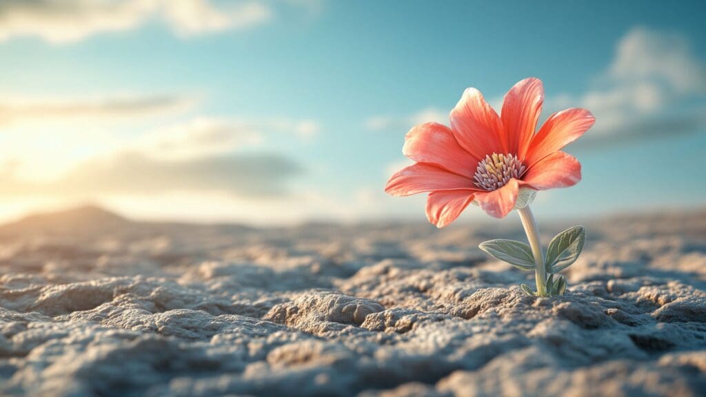 Vibrant red flower blooming above clouds at sunrise, symbolizing emotional resilience and personal growth rising above life's challenges.