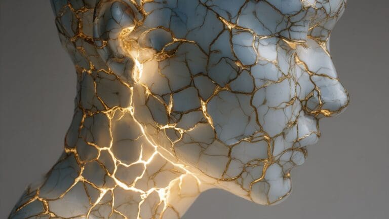 Luminous neural network pathways with golden light flowing through interconnected nodes, symbolizing emotional resilience and neural adaptation in brain connectivity.