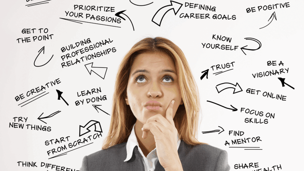 a woman with her hand on her chin wondering what should i do with my life through self-discovery