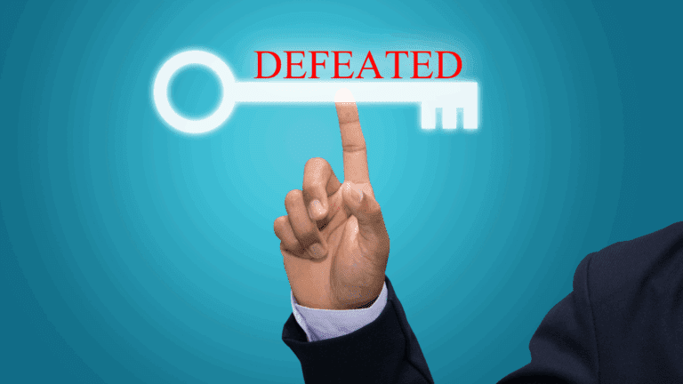Concept of being defeated by self-defeating behaviors The image depicts a hand pointing to a large key, symbolizing the solution, with "DEFEATED" text above it, representing the problem of self-defeating behaviors holding people back. The image conveys the idea that identifying and addressing self-defeating behaviors is crucial for unlocking one's full potential.