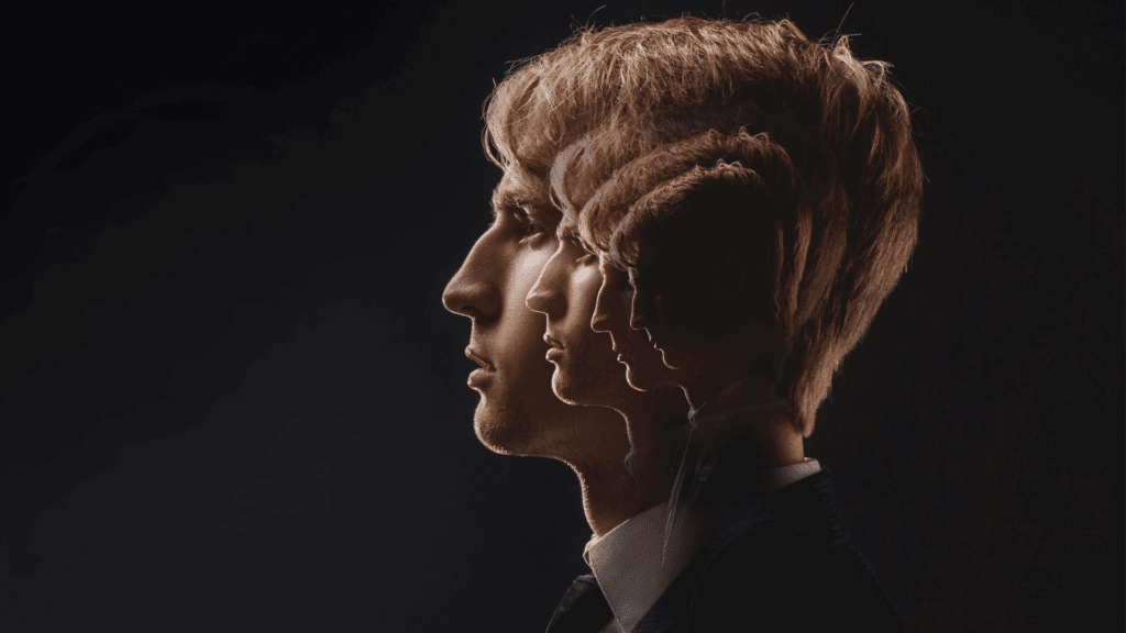 A side profile of a man with multiple overlapping images representing the psychological effects of echo chambers.