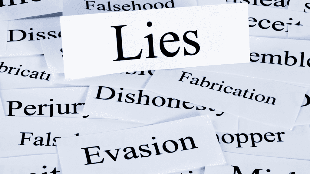 The word "lies" surrounded by other terms like dishonesty, fabrication, and falsehood.


