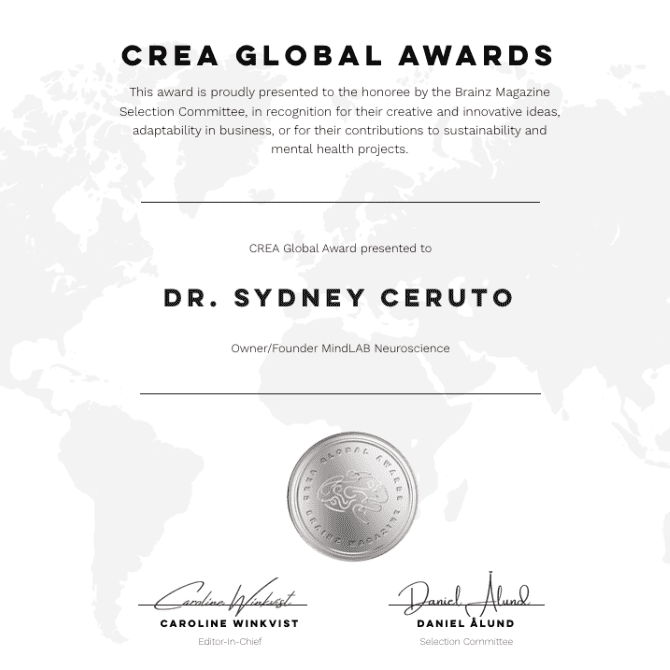 CREA Global Award certificate presented to Dr. Sydney Ceruto recognizing outstanding global leadership and innovation