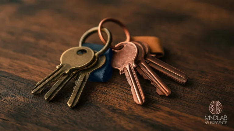 Two sets of house keys on a walnut table, one brass and one copper, each on its own ring, a metaphor for a double life