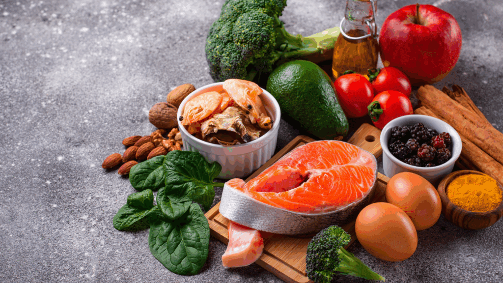  A variety of nutrient-rich foods including salmon, nuts, berries, and vegetables, known to support brain health.

