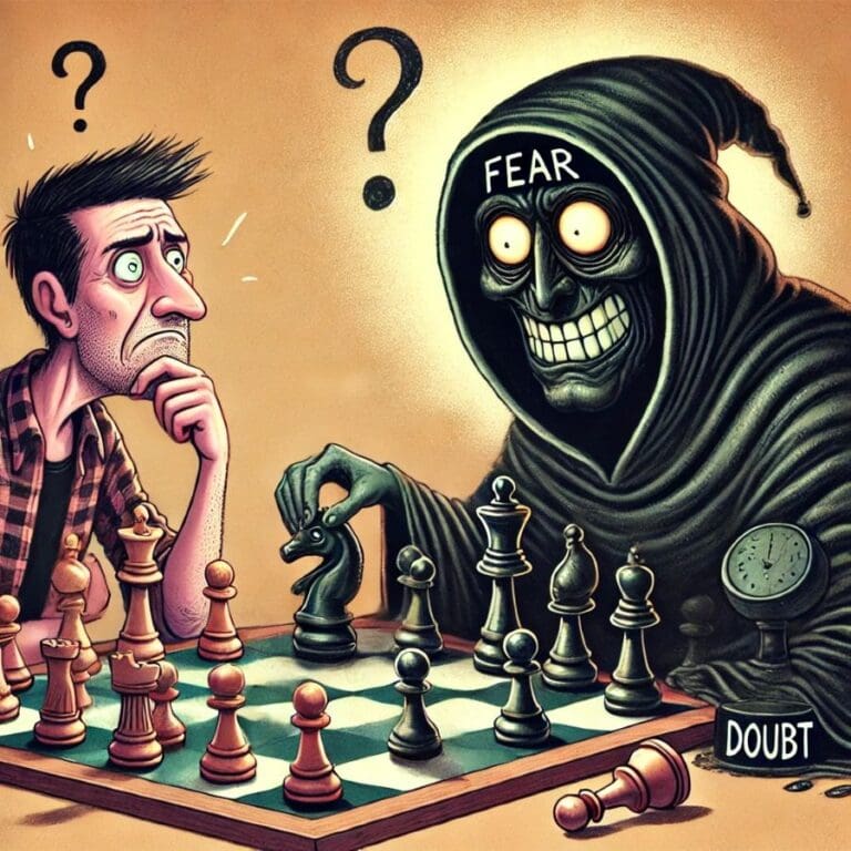 A man anxiously plays chess against a sinister, grinning figure labeled "FEAR," as question marks hover above his head. The chessboard represents an internal battle, with a clock labeled "DOUBT" ticking beside them. The eerie atmosphere symbolizes the struggle of overcoming fear and uncertainty.