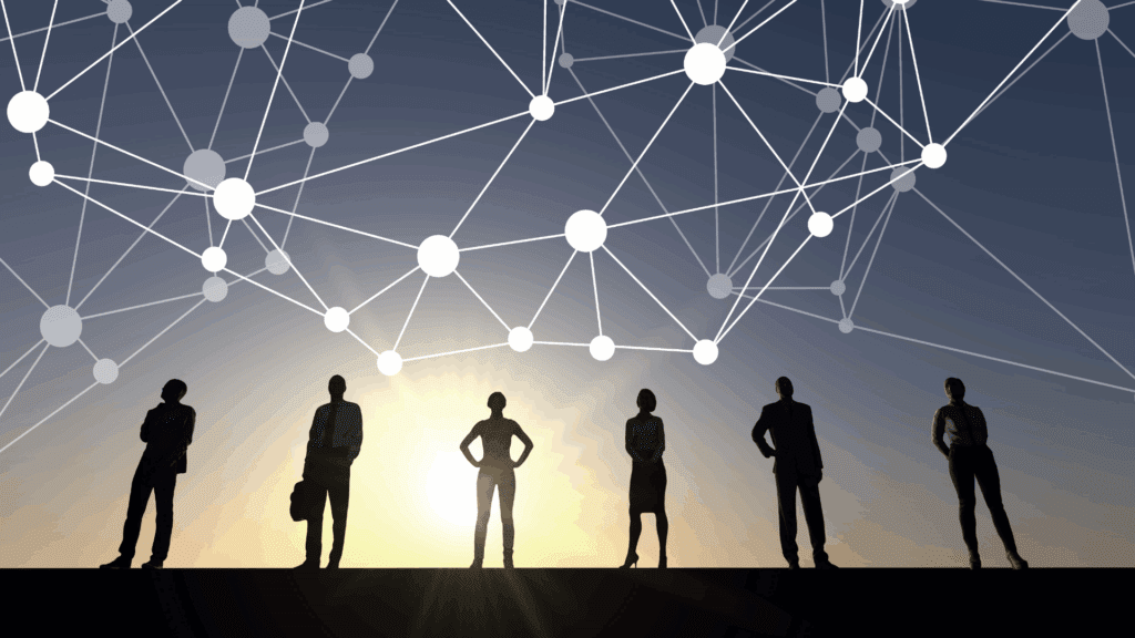 Silhouettes of people connected by a network, symbolizing the importance of intentional living and meaningful connections.