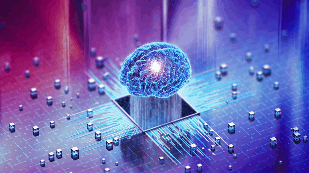 Futuristic illustration of a digital brain emerging from a processor chip, symbolizing the integration of neurofitness routines and cognitive technology.







