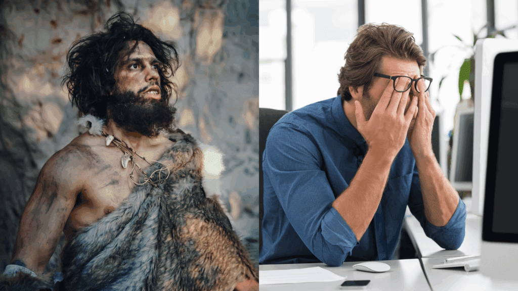 Comparison of a prehistoric human scanning for predators alongside a modern person stressed at a desk, illustrating evolutionary fear responses.