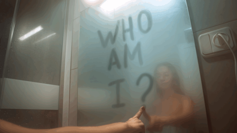 A fragmented mirror reflecting different parts of a face, representing confusion and self-identity crisis.