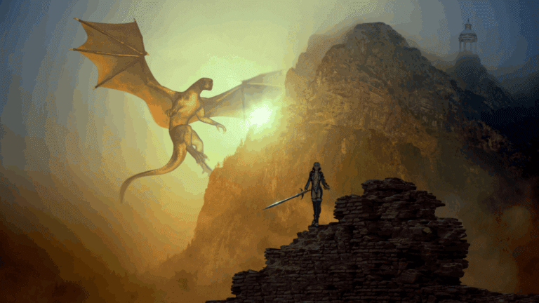 Romantasy scene with warrior and dragon in mystical mountains