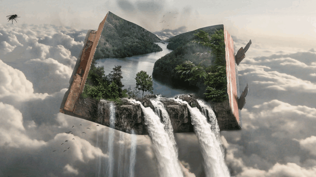 Surreal romantasy artwork with waterfalls flowing from an open book.
