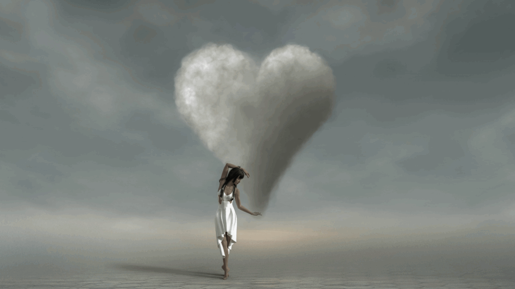 Romantasy-inspired visual with woman under heart-shaped cloud