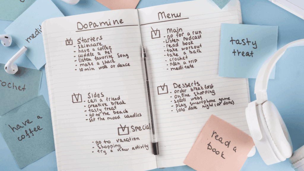 Neurodrive, a handwritten dopamine menu notebook demonstrates practical dopamine optimization strategies.