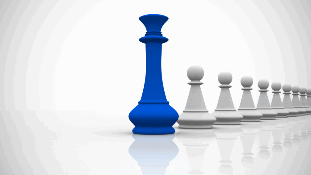 Blue chess king standing in front of white pawns, symbolizing executive presence and leadership impact.