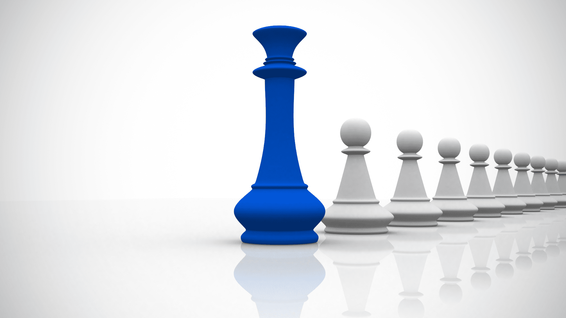 Blue chess king standing in front of white pawns, symbolizing executive presence and leadership impact.