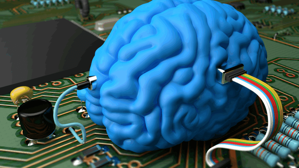 How neurons work illustrated by a digital brain connected to a circuit board.
