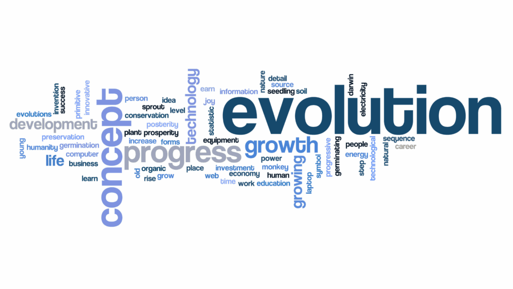 Image depicting how neurons work shown with evolution and growth word cloud.





