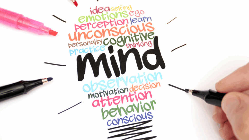 Colorful word cloud shaped like a light bulb representing neuroplasticity coaching concepts.