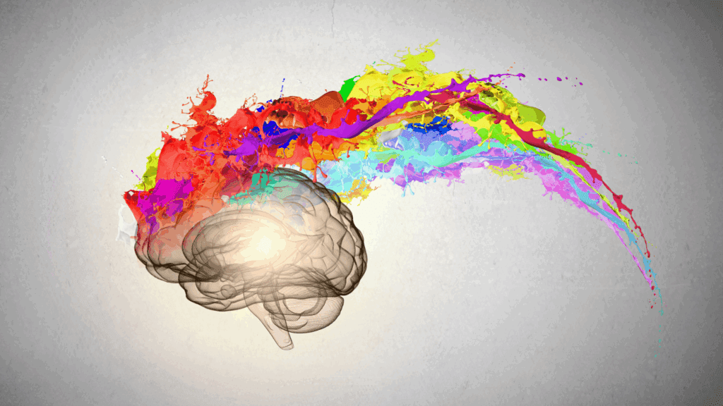 Artistic brain with colorful paint splashes symbolizing creativity and the neuroscience of a flow state