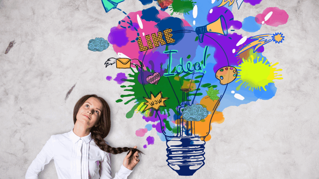 Woman with illustrated lightbulb and creative icons, inspired by the neuroscience of a flow state